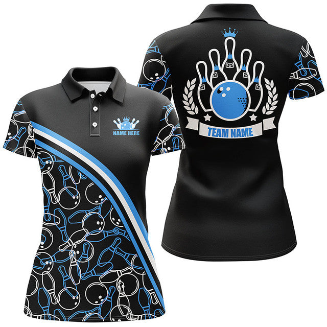Custom Name Black Blue Bowling Team Shirts Bowling Pattern Women's Polo Shirts S-5XL