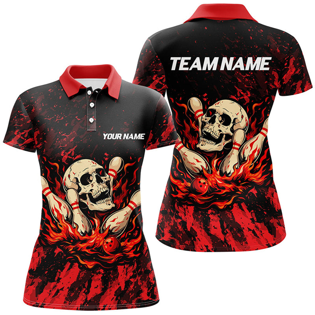 Custom Name Red Camo Skull Flame Bowling Team Shirt Women's Polo Shirts S-5XL