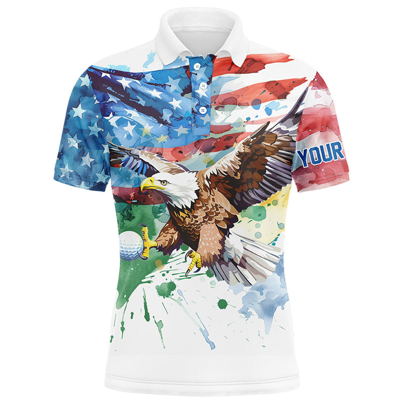 Watercolor American Flag Eagle Golf Ball Custom Mens Polo Shirt S-5XL