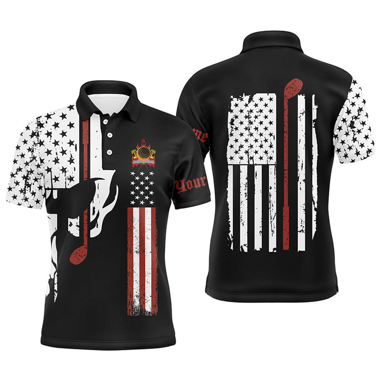 Custom Golf Shirt American Flag Skull Personalized Gift Men's Polo Shirt S-5XL