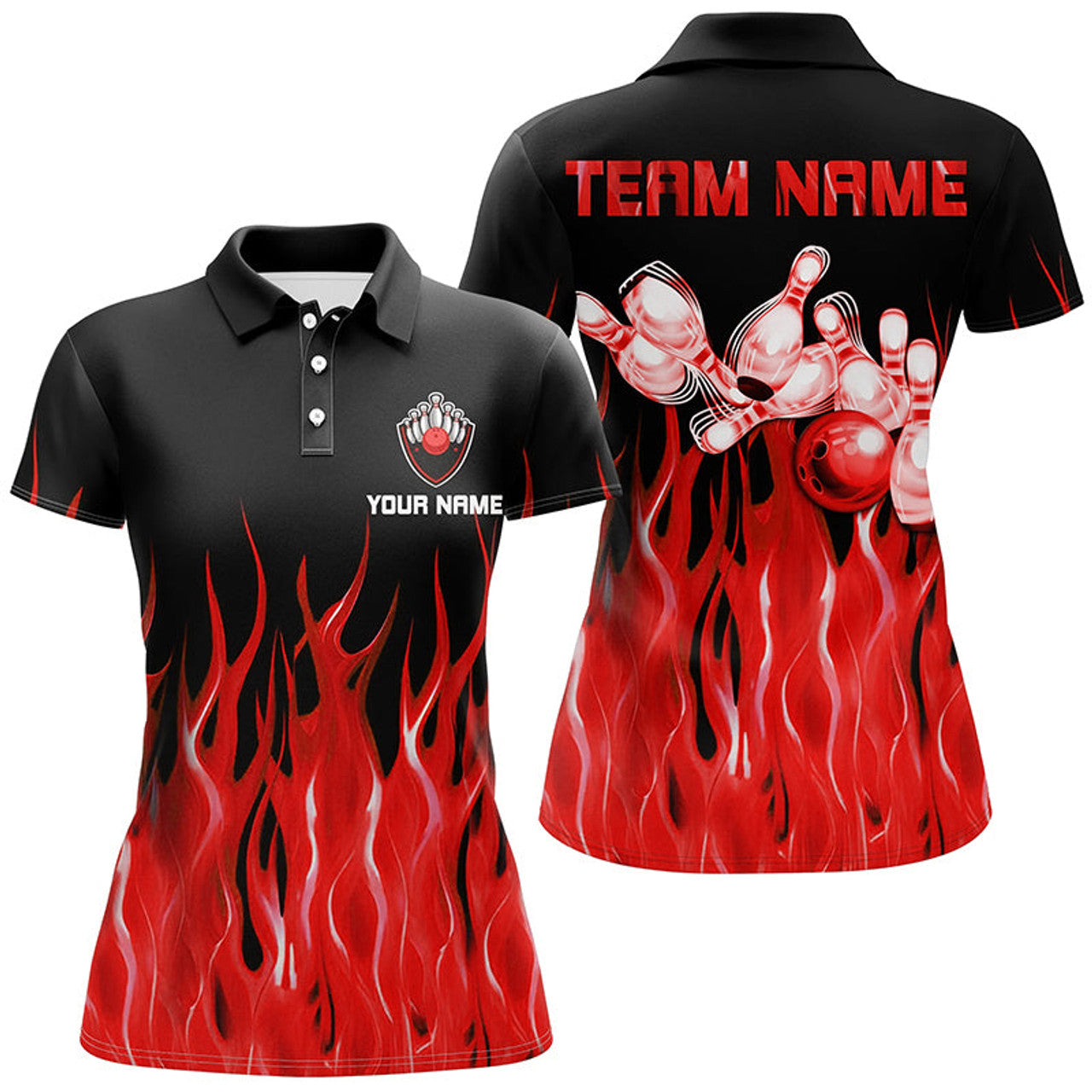 Custom Red Flame Bowling Shirt Black Personalized Team Women's Polo Shirts S-5XL