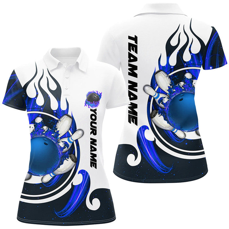 Custom Blue Flame Bowling Polo Shirt White Design Women's Polo Shirts S-5XL