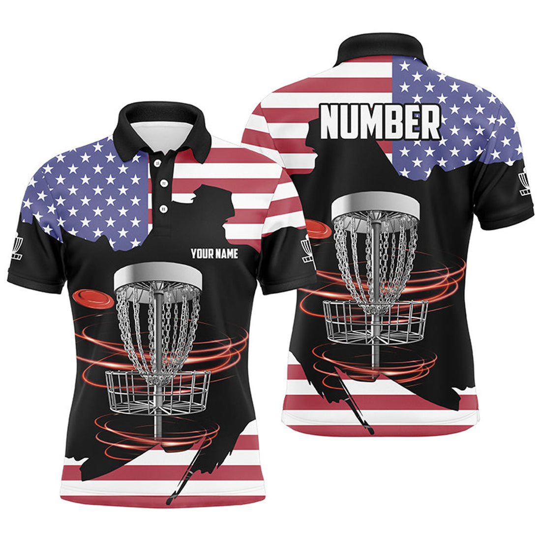 Custom Name American Flag Disc Golf Basket Patriotic Men's Polo Shirt S-5XL