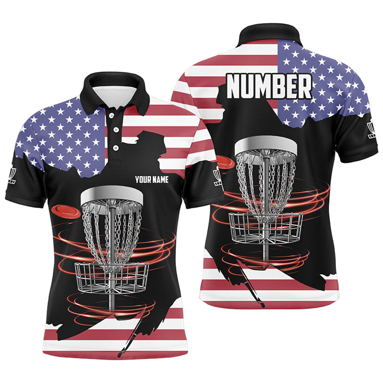 Custom Name American Flag Disc Golf Basket Patriotic Men's Polo Shirt S-5XL
