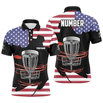Custom Name American Flag Disc Golf Basket Patriotic Men's Polo Shirt S-5XL