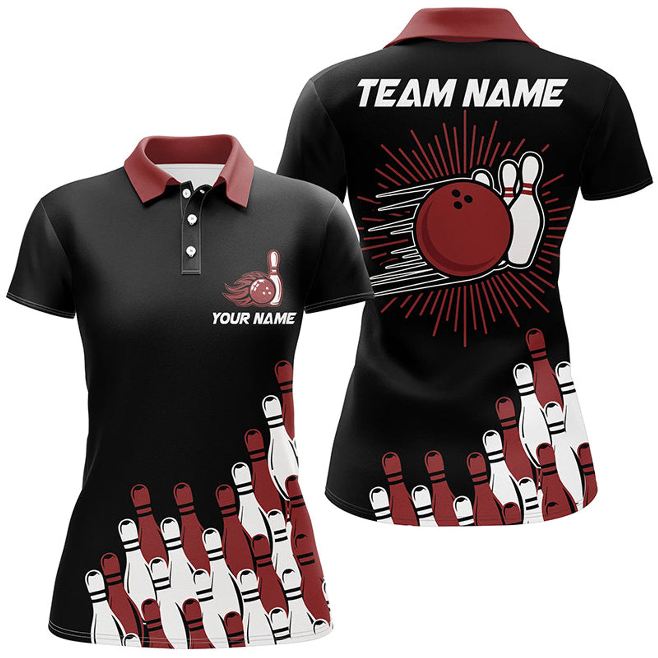 Custom Black Retro Bowling Team Bowling Polo Shirts Red Women's Polo Shirts S-5XL