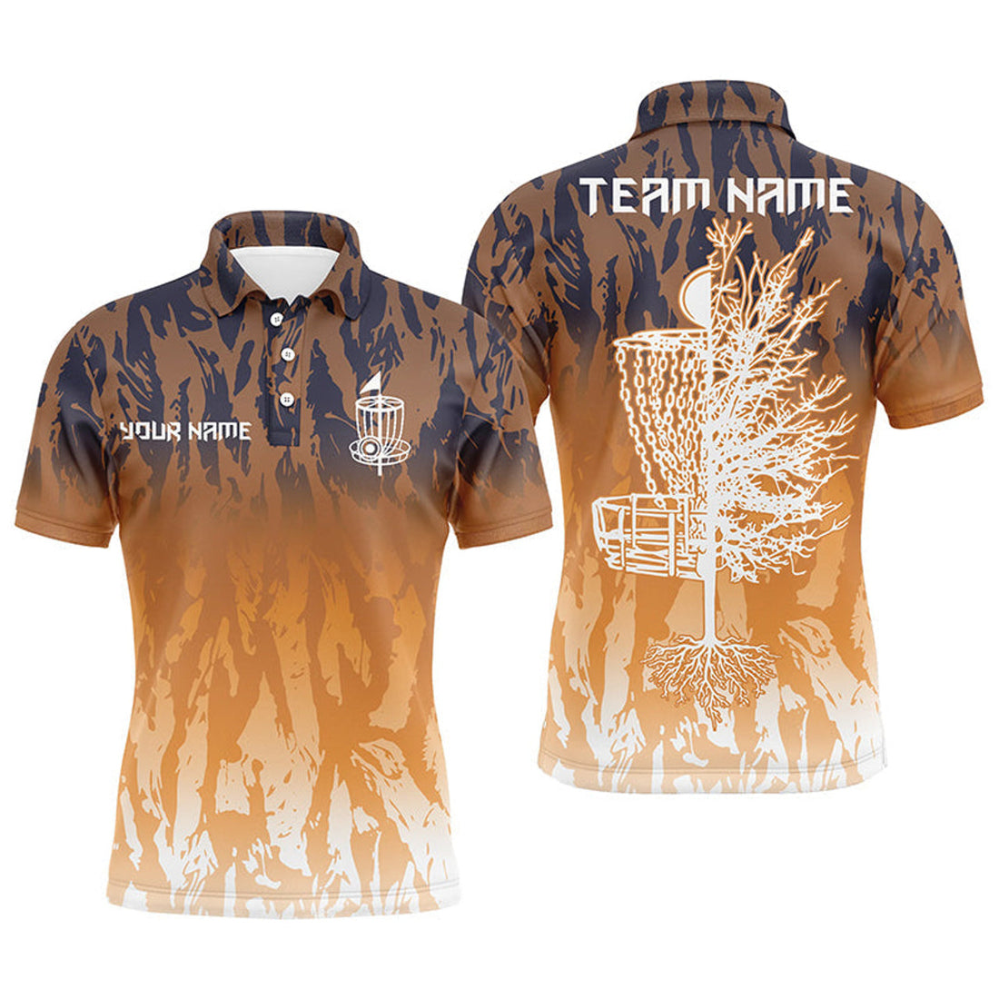 Custom Name Orange Camo Disc Golf Basket Apparel Gift Men's Polo Shirt S-5XL