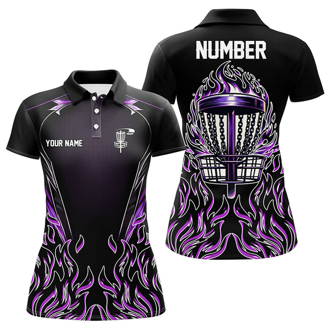 Custom Purple Flame Disc Golf Black Fire Frisbee Shirts Women's Polo Shirts S-5XL