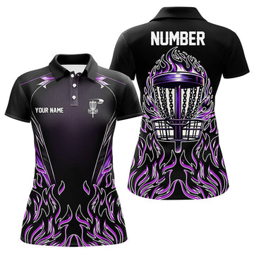 Custom Purple Flame Disc Golf Black Fire Frisbee Shirts Women's Polo Shirts S-5XL