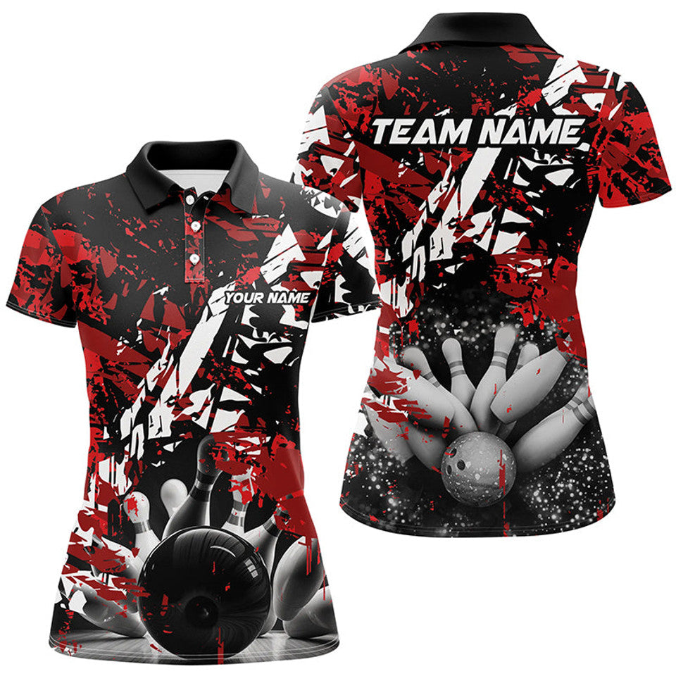 Custom Name Black Red Camo Bowling Ball Pins Team Shirt Women's Polo Shirts S-5XL