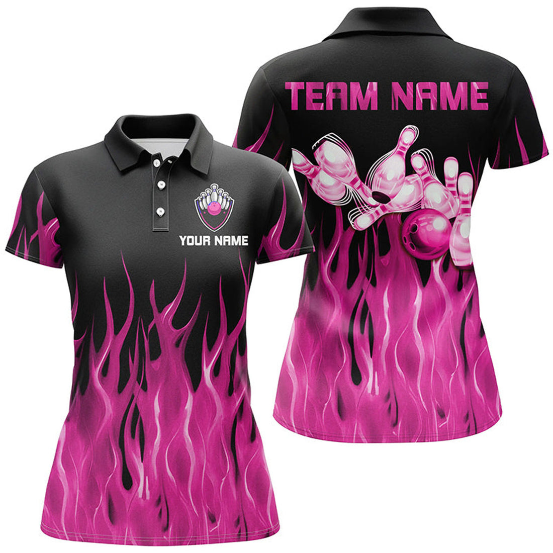 Custom Personalized Bowling Shirt Pink Flame Ball and Pins Women's Polo Shirts S-5XL