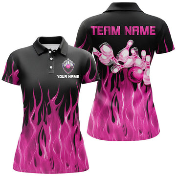 Custom Personalized Bowling Shirt Pink Flame Ball and Pins Women's Polo Shirts S-5XL