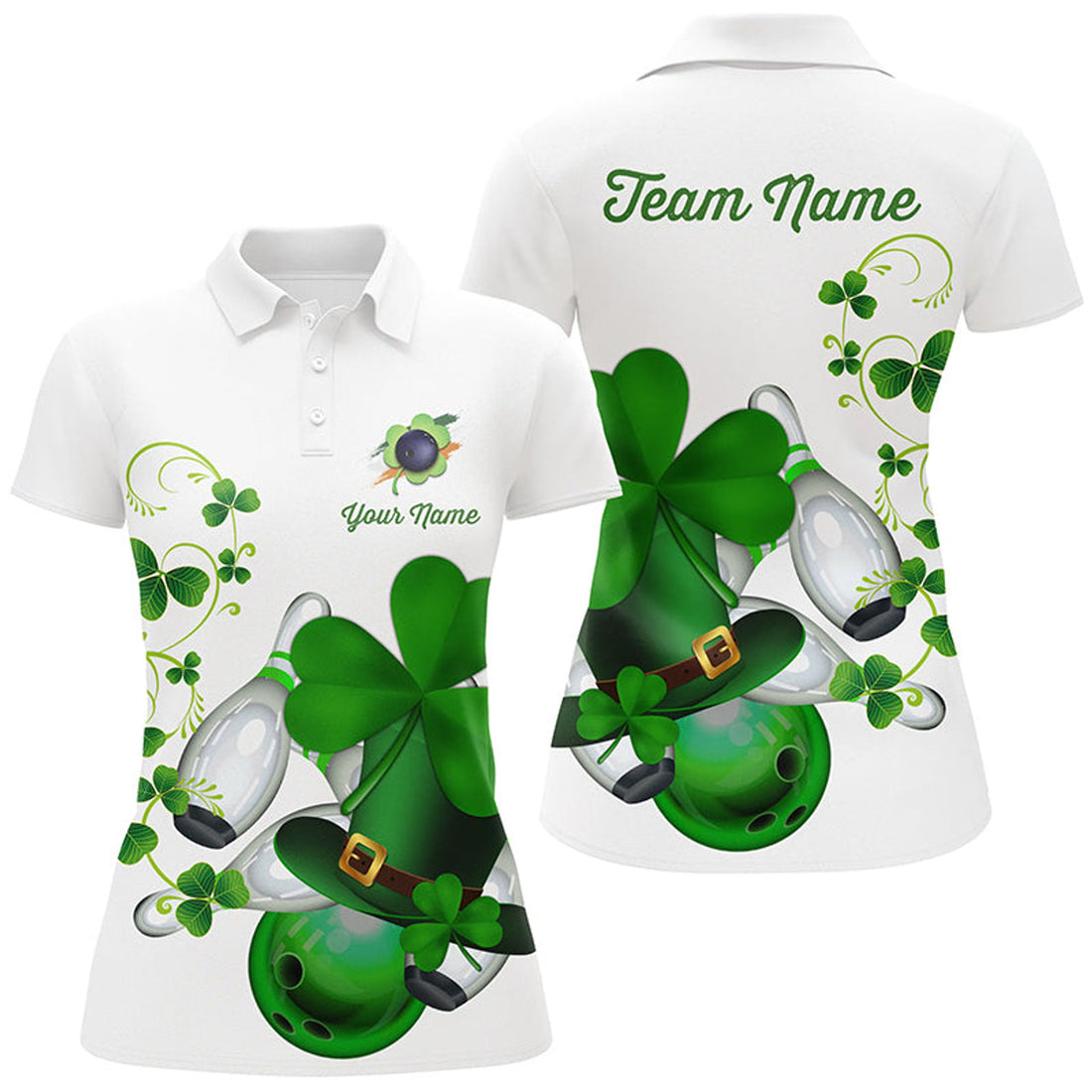 Custom Shamrock Lucky for St Patrick's Day Bowling Team Women's Polo Shirts S-5XL