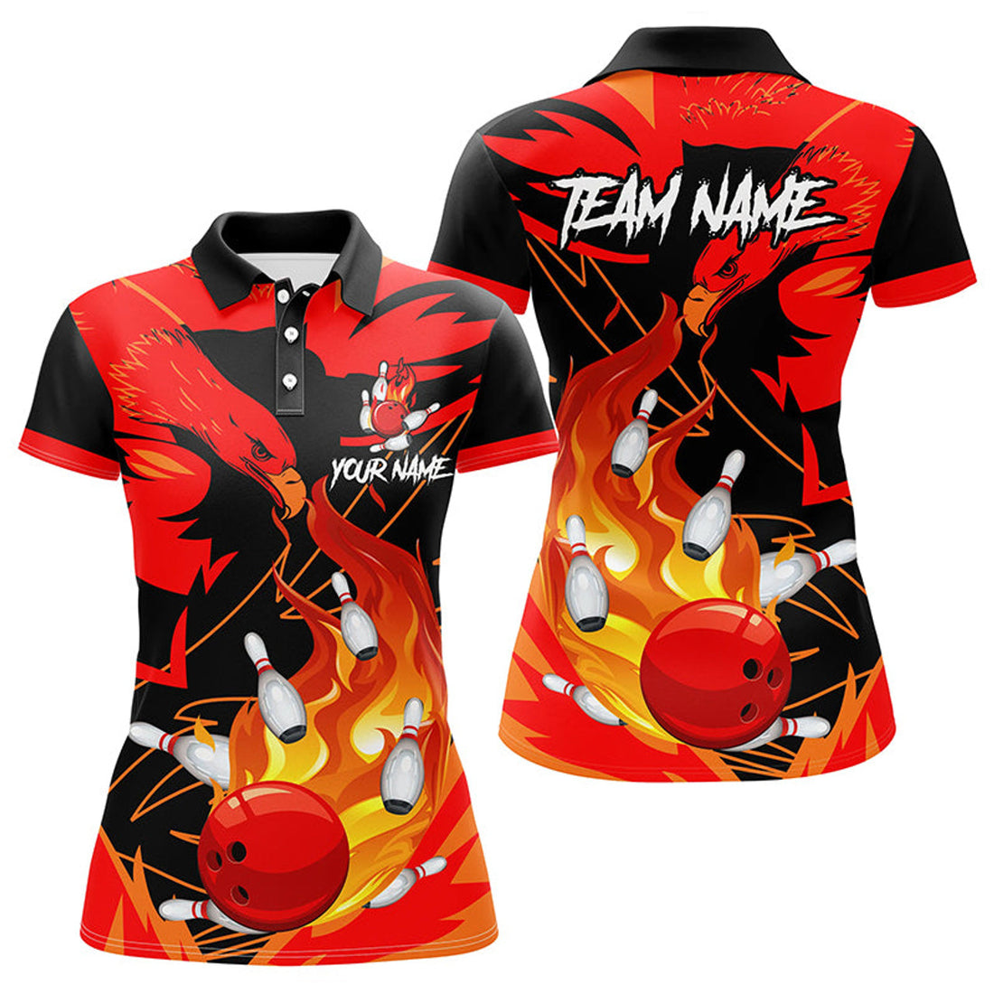 Custom Eagle Flame Bowling Shirts Red Team Women's Polo Shirts S-5XL