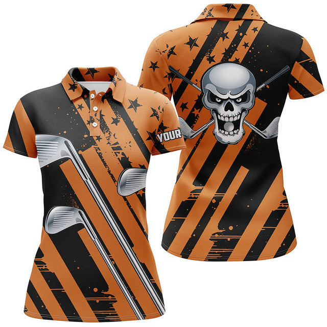 Custom Halloween Golf Skull Shirt Orange Black Apparel Women's Polo Shirts S-5XL