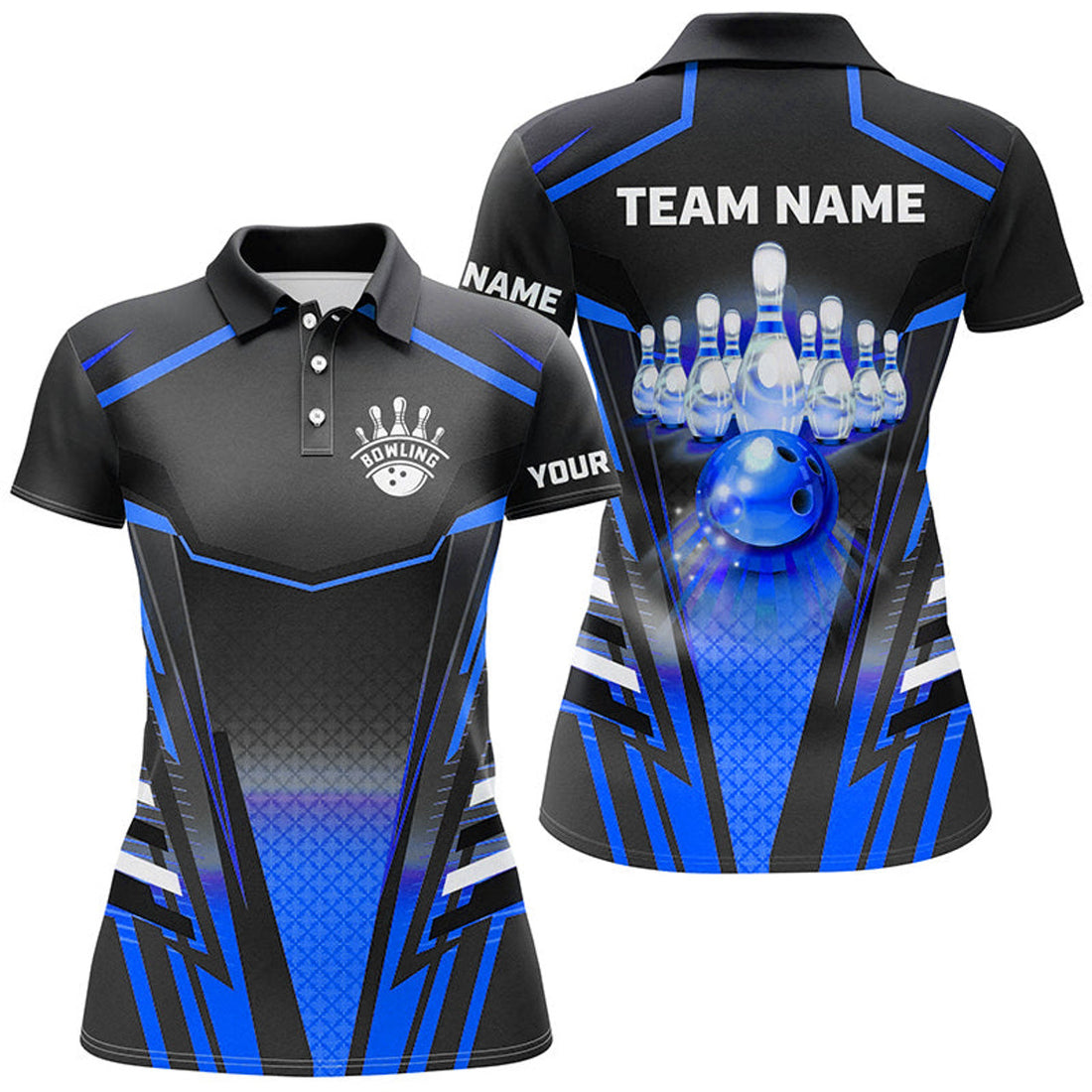 Custom Name Black and Blue Bowling Ball Pin Team Shirt Women's Polo Shirts S-5XL