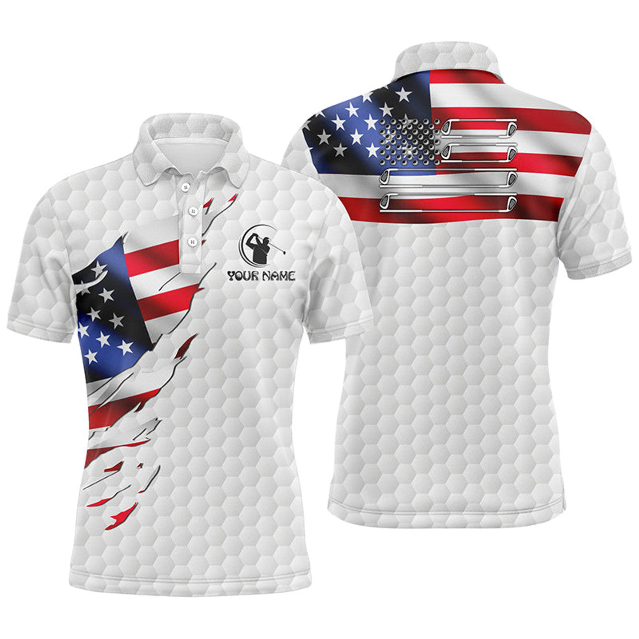 Custom Men's Golf Polo American Flag White Golf Ball Men's Polo Shirt S-5XL