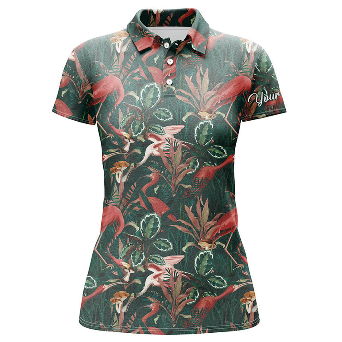Custom Name Flamingo Green Tropical Jungle Team Golf Shirt Women's Polo Shirts S-5XL