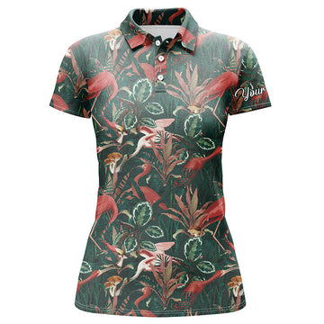 Custom Name Flamingo Green Tropical Jungle Team Golf Shirt Women's Polo Shirts S-5XL