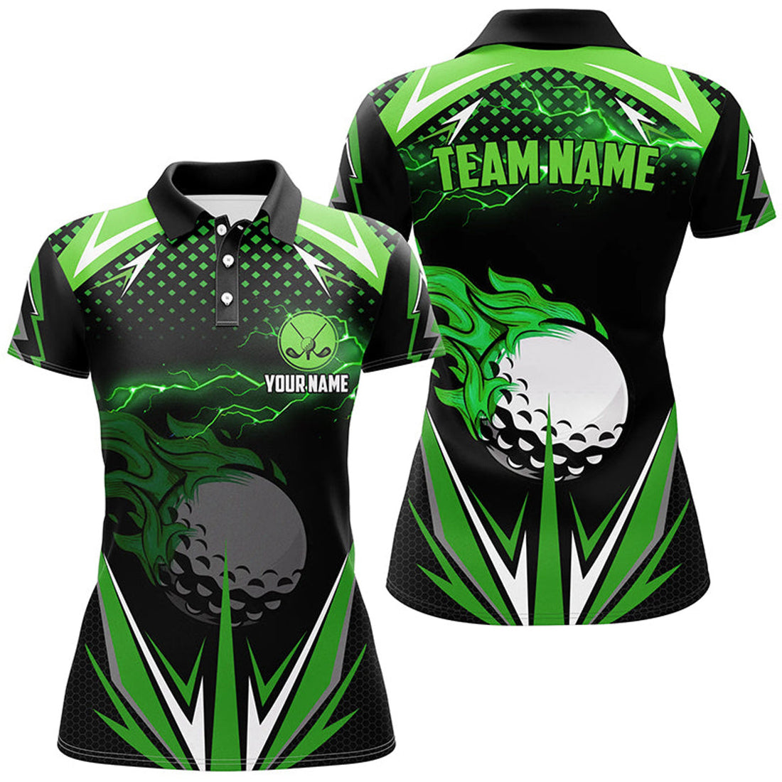Custom Green Lightning Golf Shirt Black Golf Attire Women's Polo Shirts S-5XL