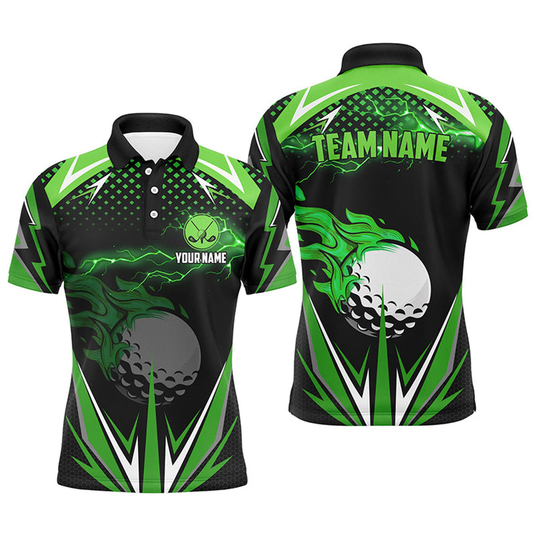 Custom Black Men's Golf Polo Shirts Green Fire Lightning Men's Polo Shirt S-5XL