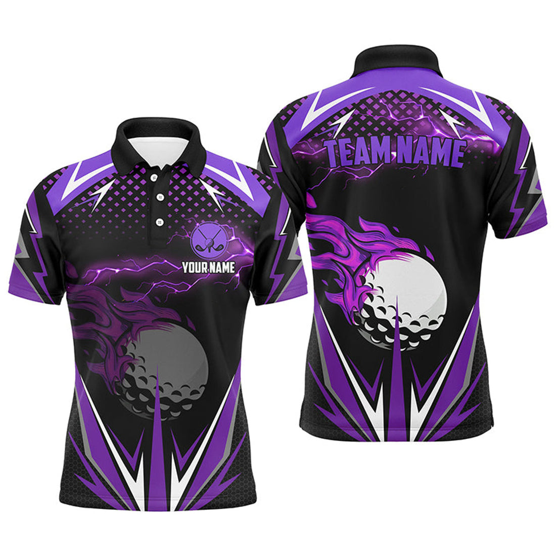 Custom Name Black Purple Fire Lightning Golf Jersey Men's Polo Shirt S-5XL