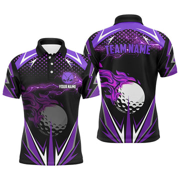 Custom Name Black Purple Fire Lightning Golf Jersey Men's Polo Shirt S-5XL