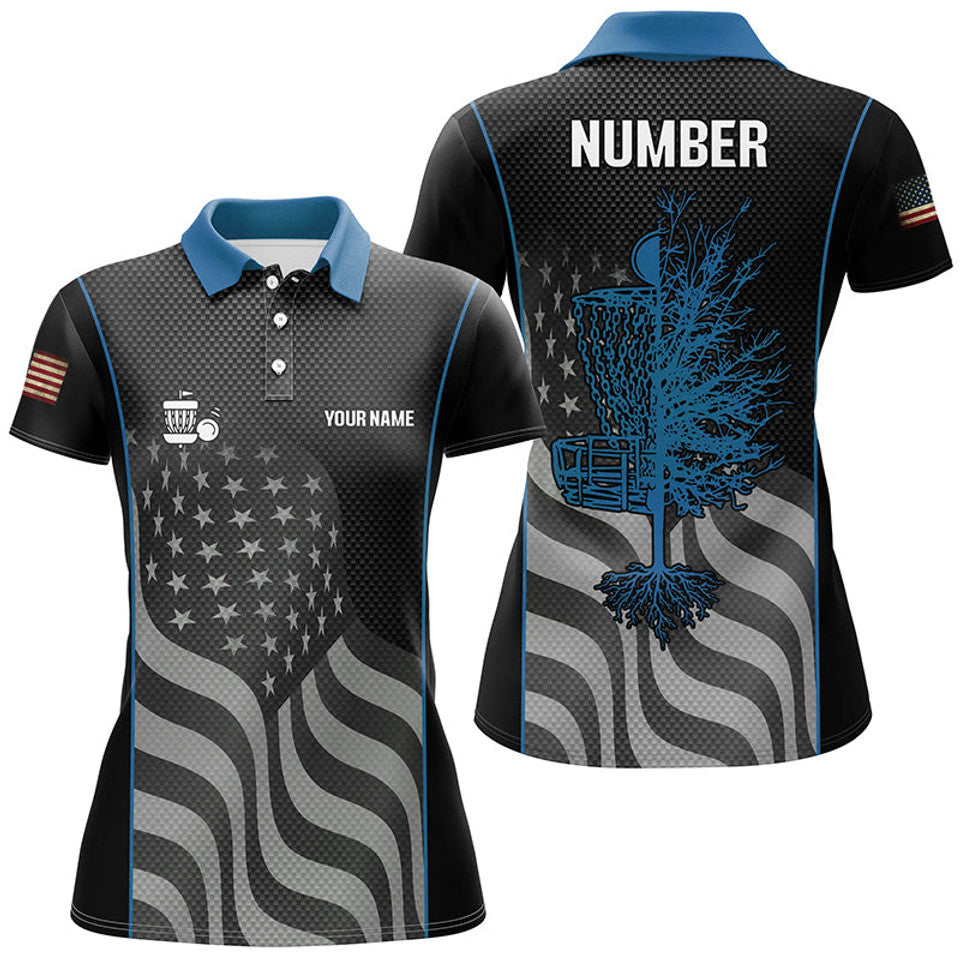 Custom Blue Black American Flag Disc Golf with Women's Polo Shirts S-5XL