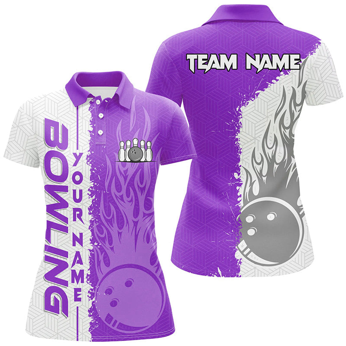 Custom Bowling Flame Bowling Ball Pins Team League Women's Polo Shirts S-5XL