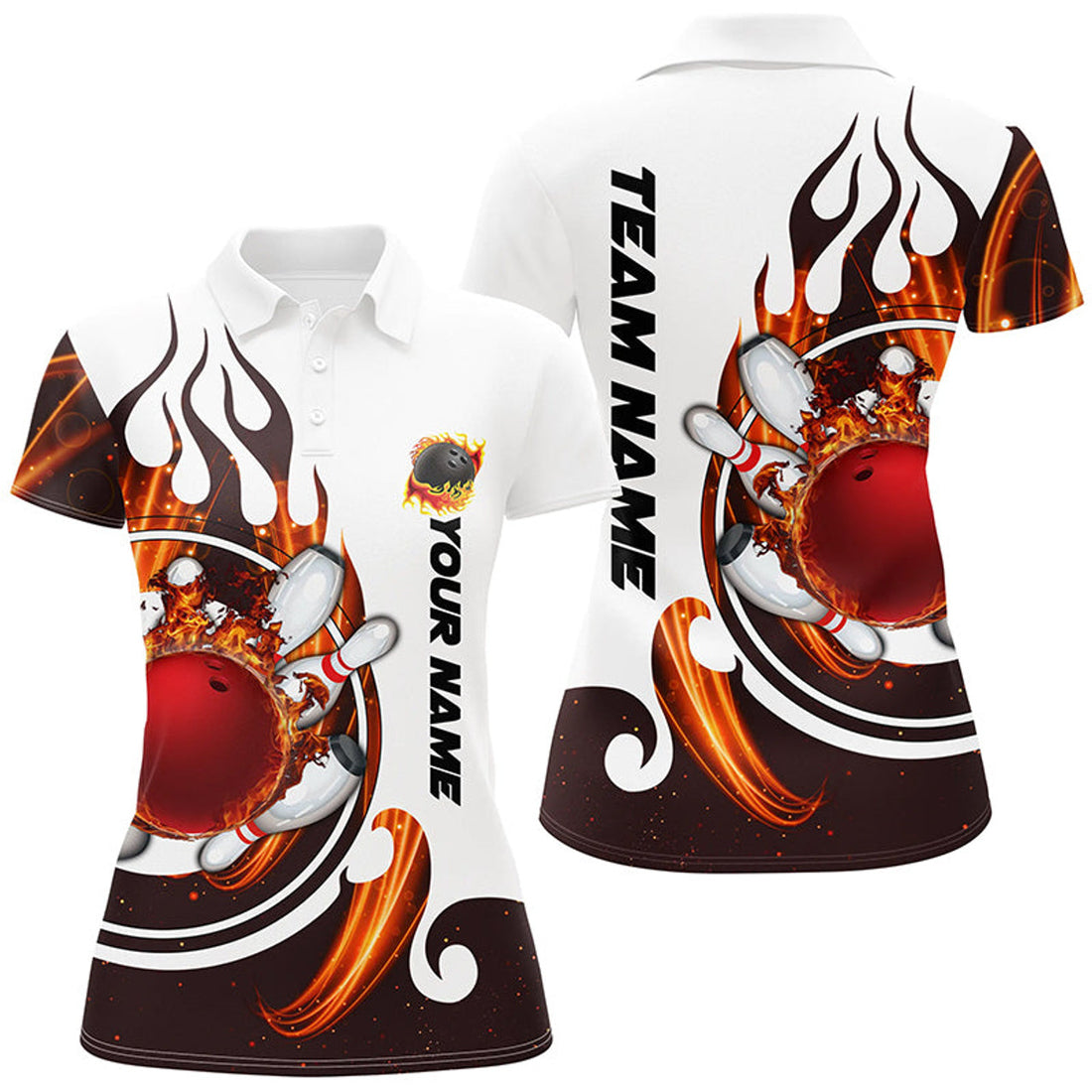 Custom Flame Bowling Ball Pins White Shirt For Women Women's Polo Shirts S-5XL