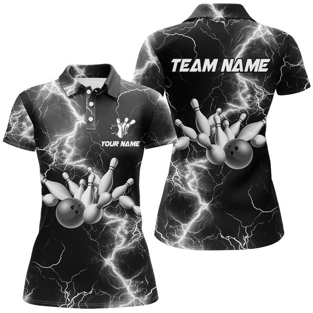 Custom Bowling Black and White Lightning for Team Gift Women's Polo Shirts S-5XL