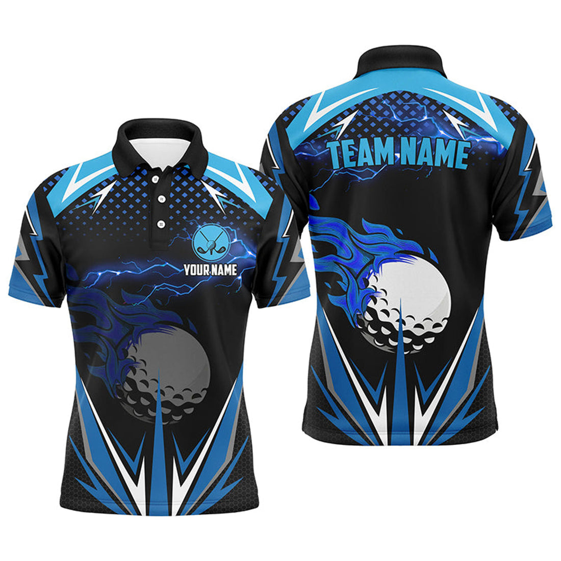Custom Black Golf Polo Shirt Blue Lightning Men's Polo Shirt S-5XL