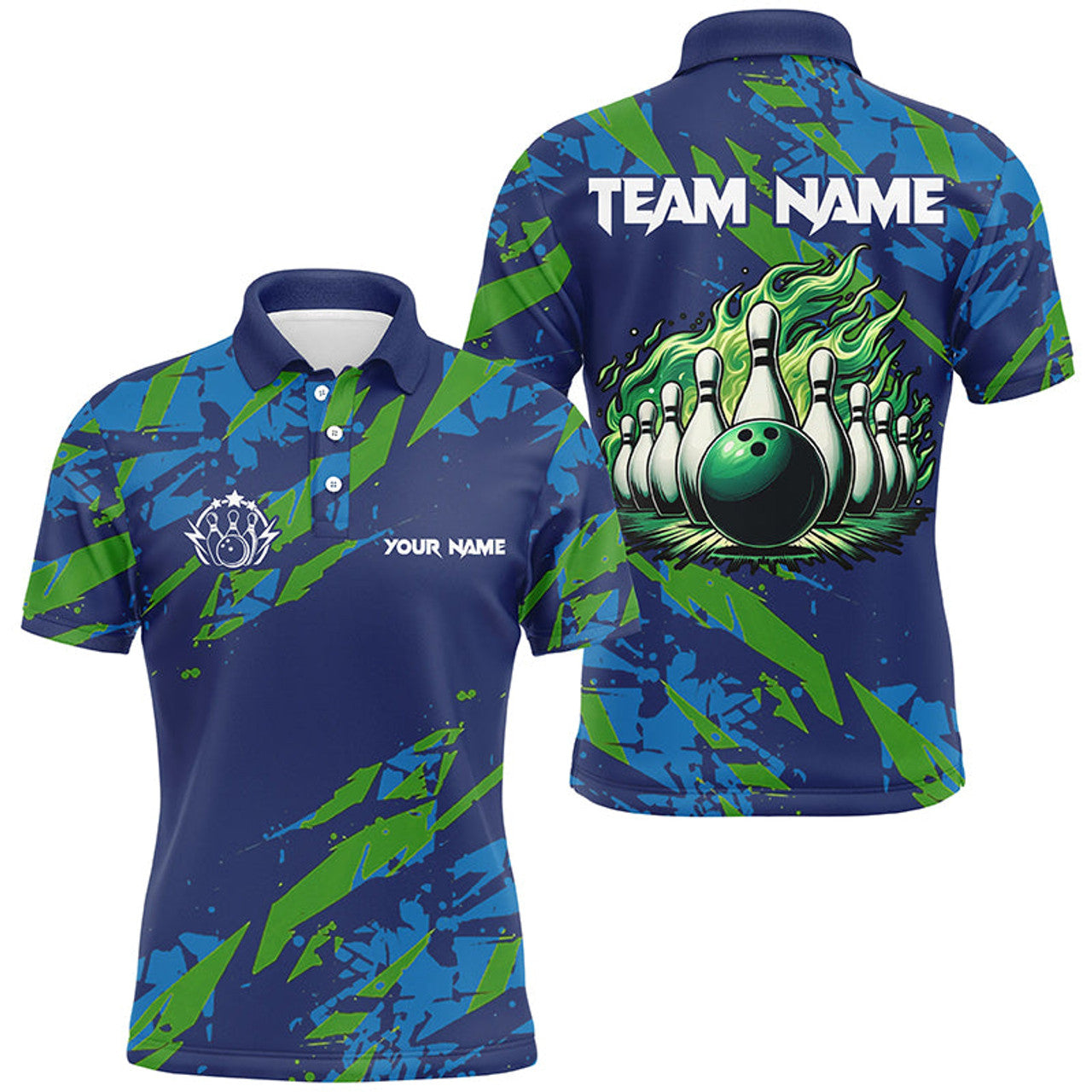 Blue Green Camo Bowling Polo Shirt Custom Flame Ball Men's Polo Shirt S-5XL