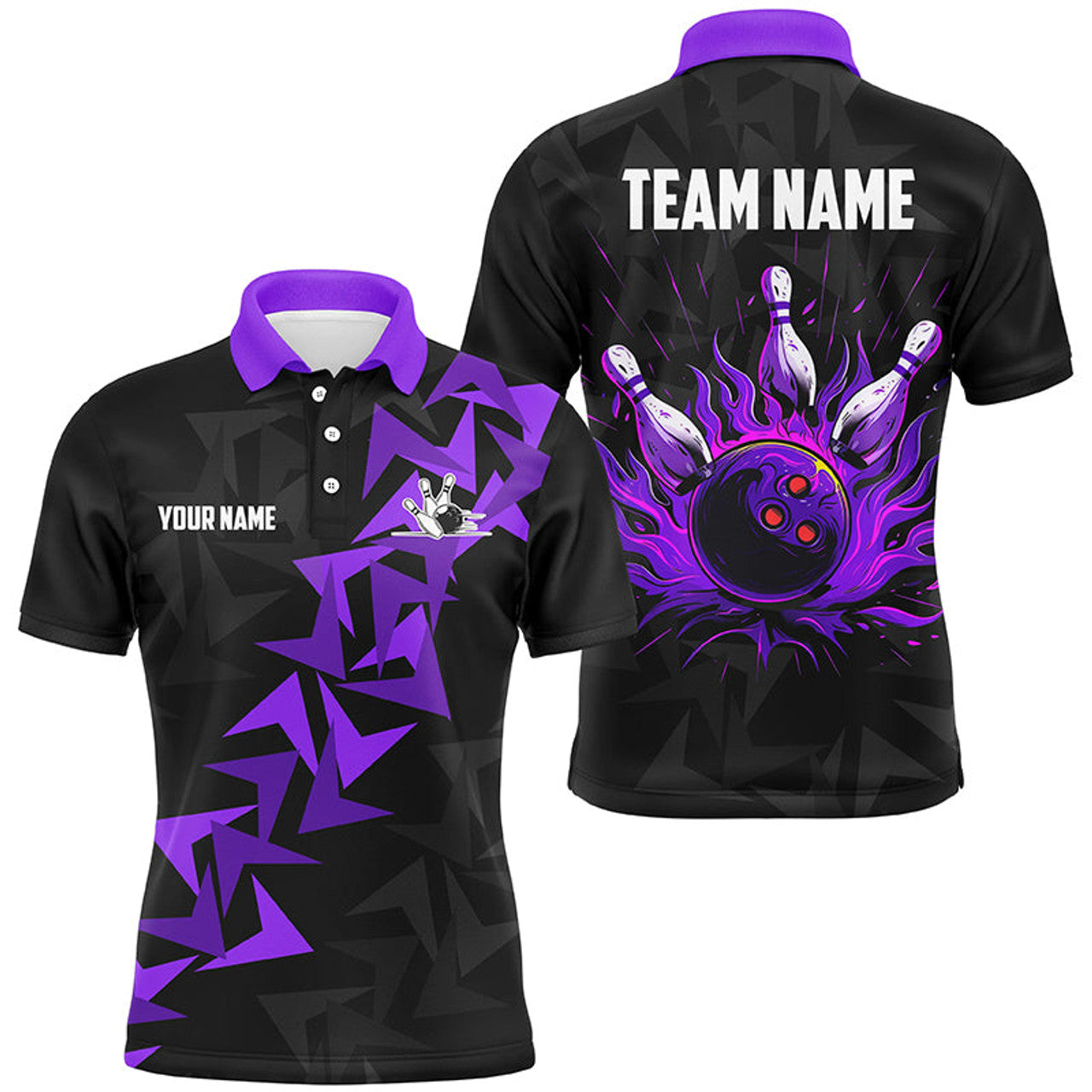 Black and Purple Flame Camo Quarter Zip Custom Bowling Men's Polo Shirt S-5XL
