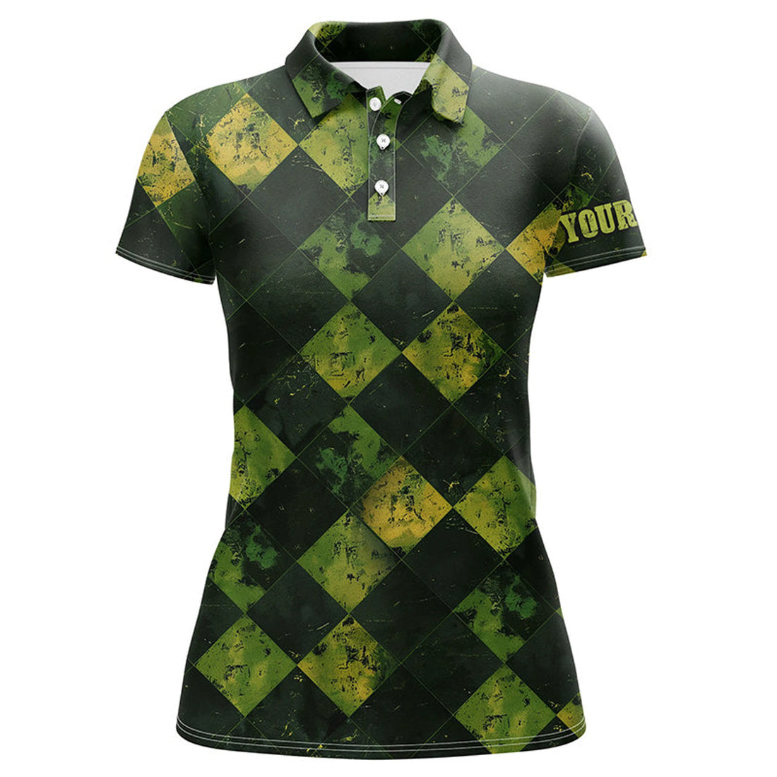 Custom Argyle Grunge Pattern Green and Yellow Golf Apparel Women's Polo Shirts S-5XL