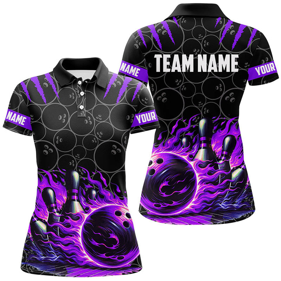 Custom Black Purple Flame Bowling Shirt for Team Women Women's Polo Shirts S-5XL
