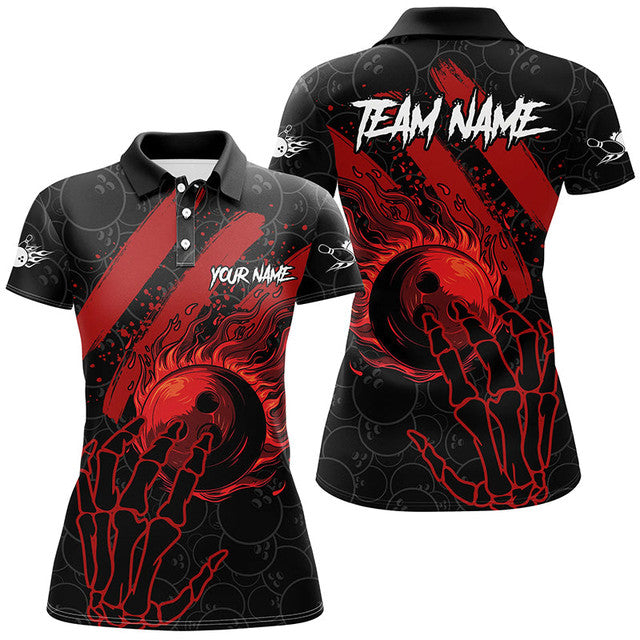Custom Reaper Bowling Team Shirt Black Red Flame Women's Polo Shirts S-5XL