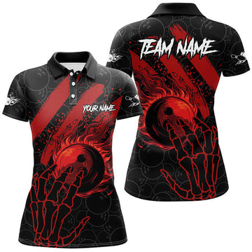 Custom Reaper Bowling Team Shirt Black Red Flame Women's Polo Shirts S-5XL