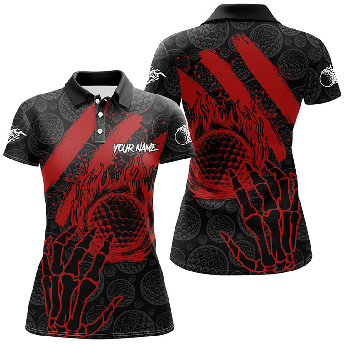 Custom Name Black Red Flame Camo Golf Ball Team Reaper Women's Polo Shirts S-5XL