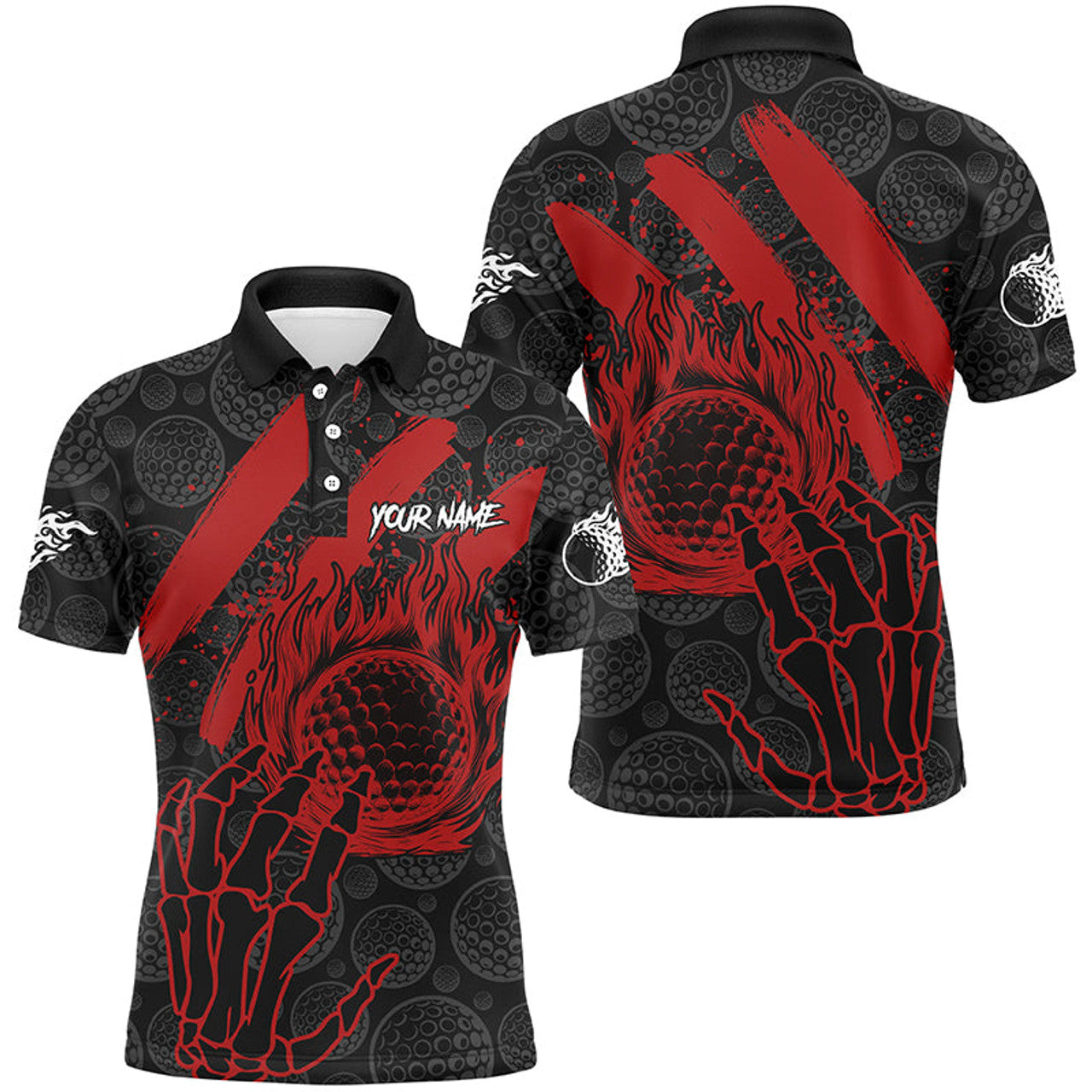 Black Red Flame Camo Golf Ball Team Reaper Mens Polo Shirt S-5XL