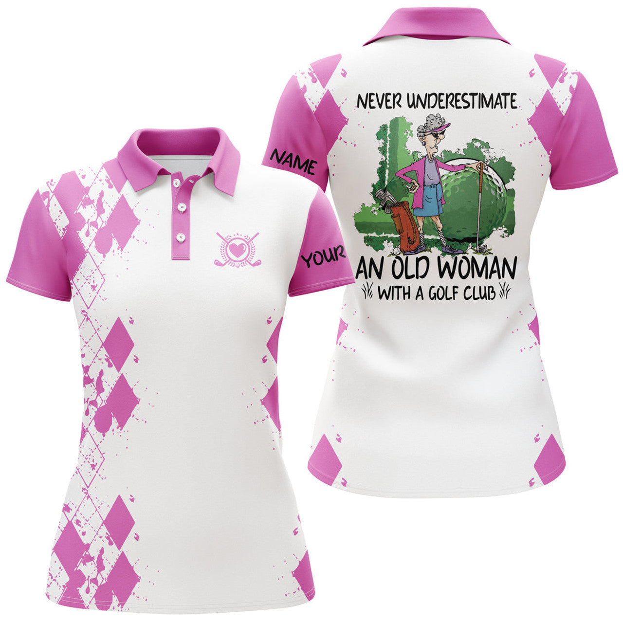 Custom Name 3D Golf Never An Old Woman With A Club Women's Polo Shirts S-5XL
