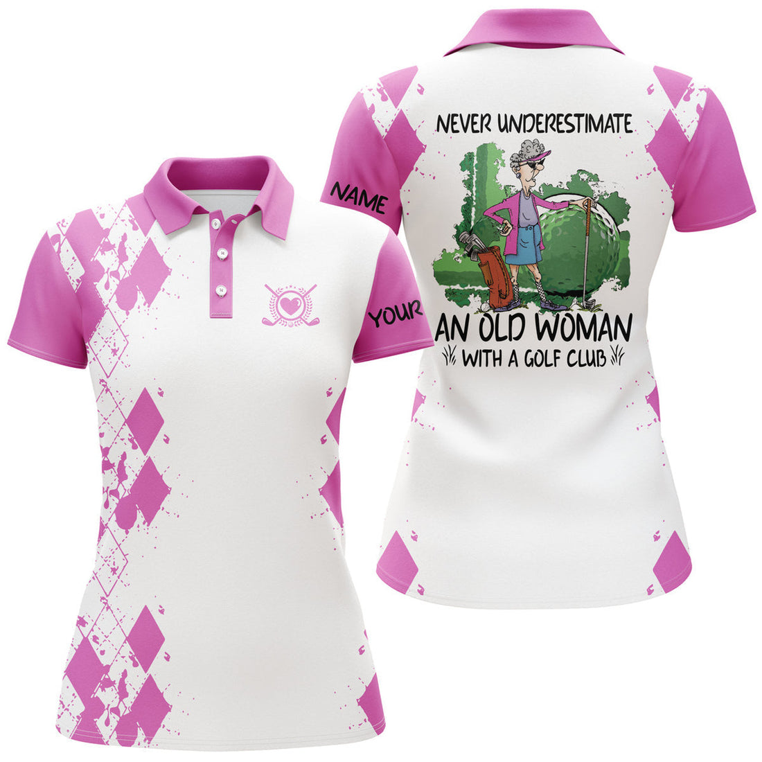 Custom Name 3D Golf Never An Old Woman With A Club Women's Polo Shirts S-5XL