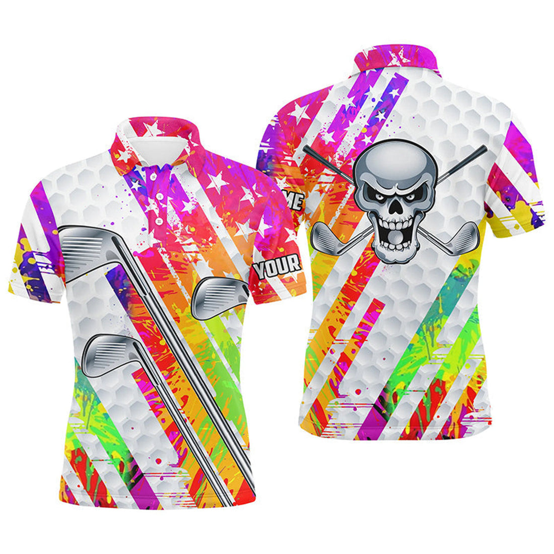 Custom Golf Personalized American Flag Skull Gift Men's Polo Shirt S-5XL