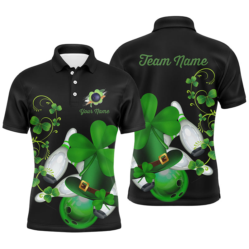Green Shamrock Custom St Patrick Day Black Bowling Men's Polo Shirt S-5XL