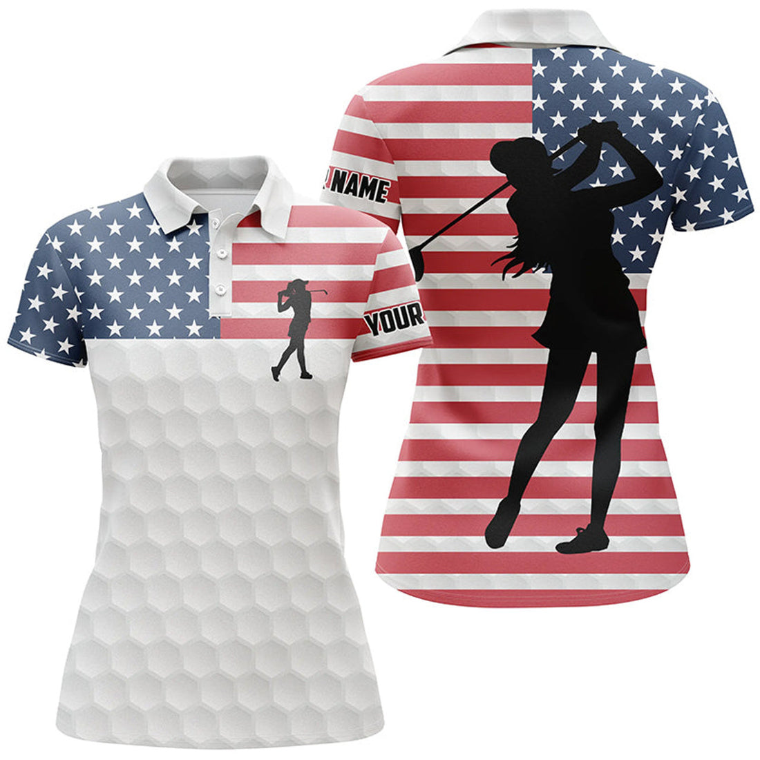 Custom American Flag Golf with White Ball Skin Design Women's Polo Shirts S-5XL