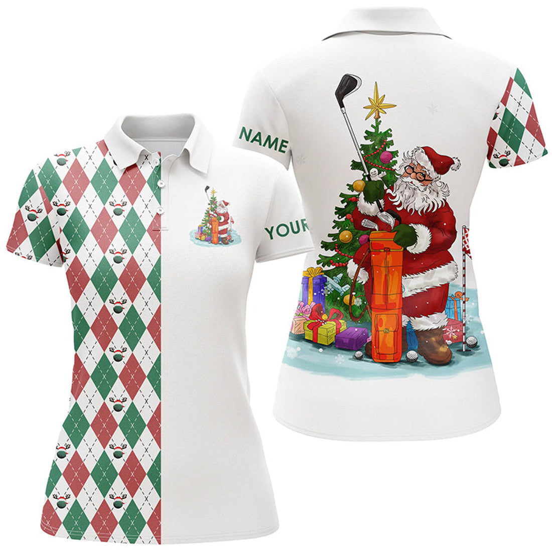 Custom Funny Santa Golfer with Christmas Golf Ball Pattern Women's Polo Shirts S-5XL