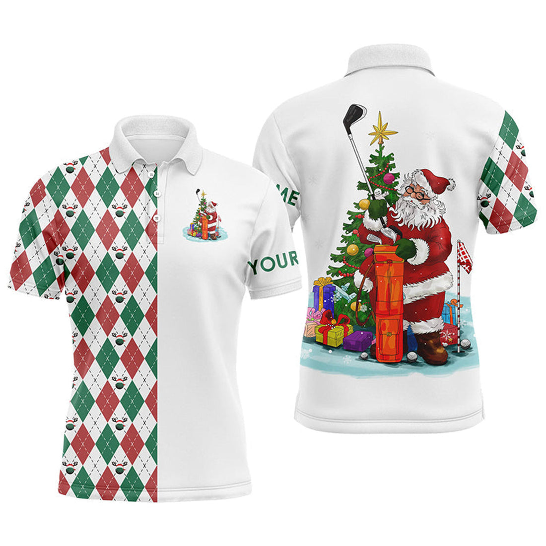 Custom Name Funny Santa Golfer Christmas Golf Ball Pattern Men's Polo Shirt