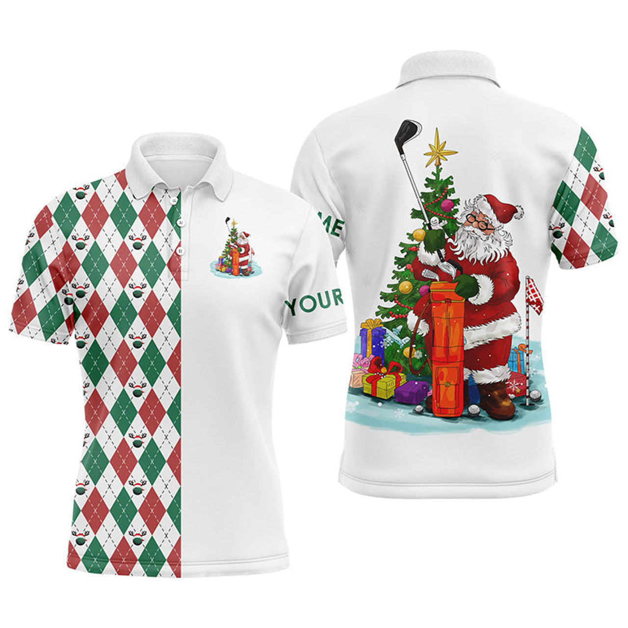 Custom Name Funny Santa Golfer Christmas Golf Ball Pattern Men's Polo Shirt