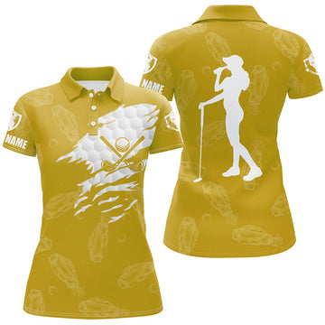 Custom with Name and Golf Clubs Pattern for Ladies Yellow Women's Polo Shirts S-5XL