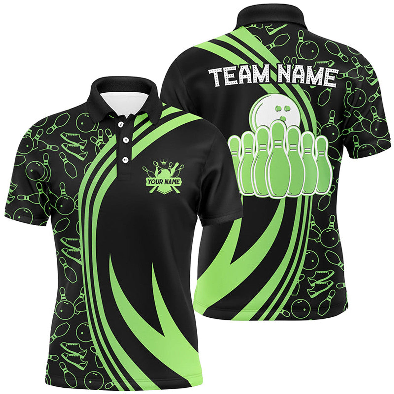 Black Men's Bowling Polo Shirt Custom Green Neon Team Men's Polo Shirt S-5XL